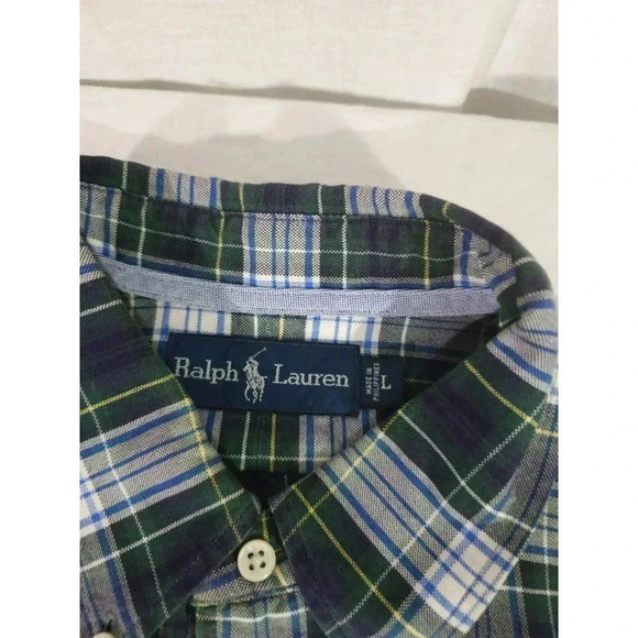 Ralph Lauren Green Blue Madras Cotton Men's Size L Plaid Button Up Shirt - Picture 5 of 5